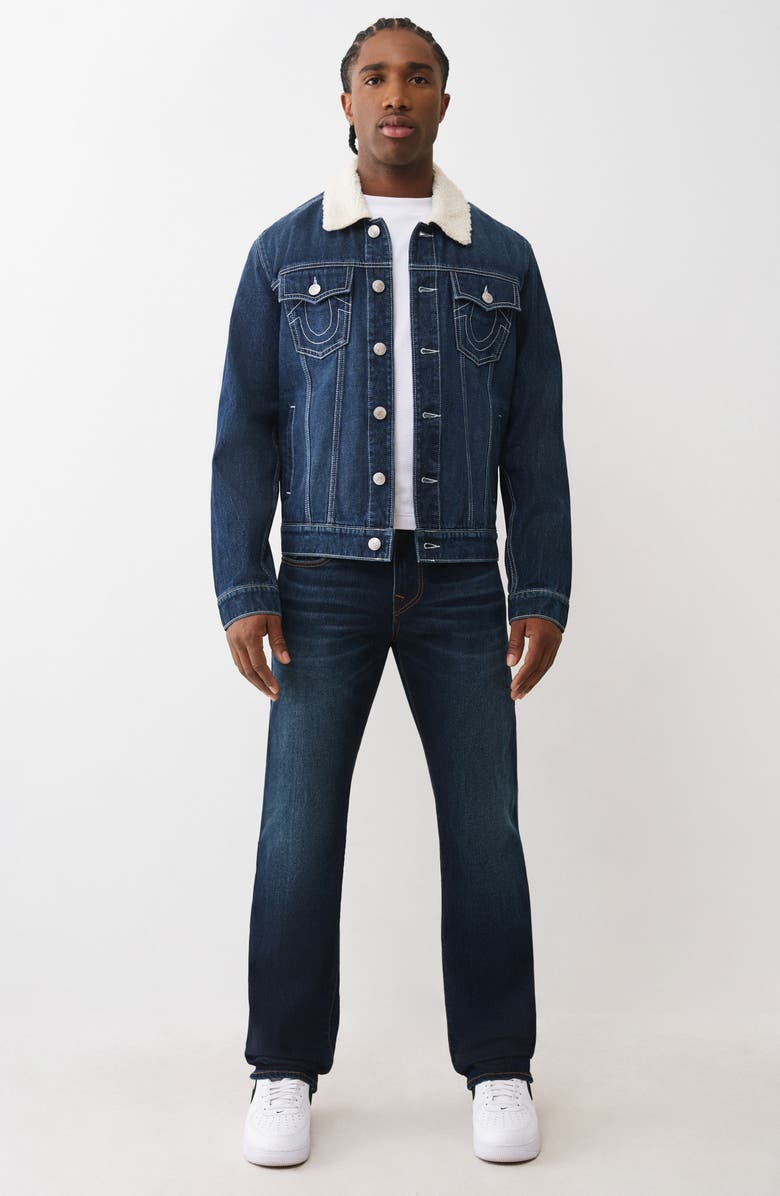 True Religion Jessie Faux Shearling Collar Denim Jacket, Alternate, color, Dark Woodland Wash