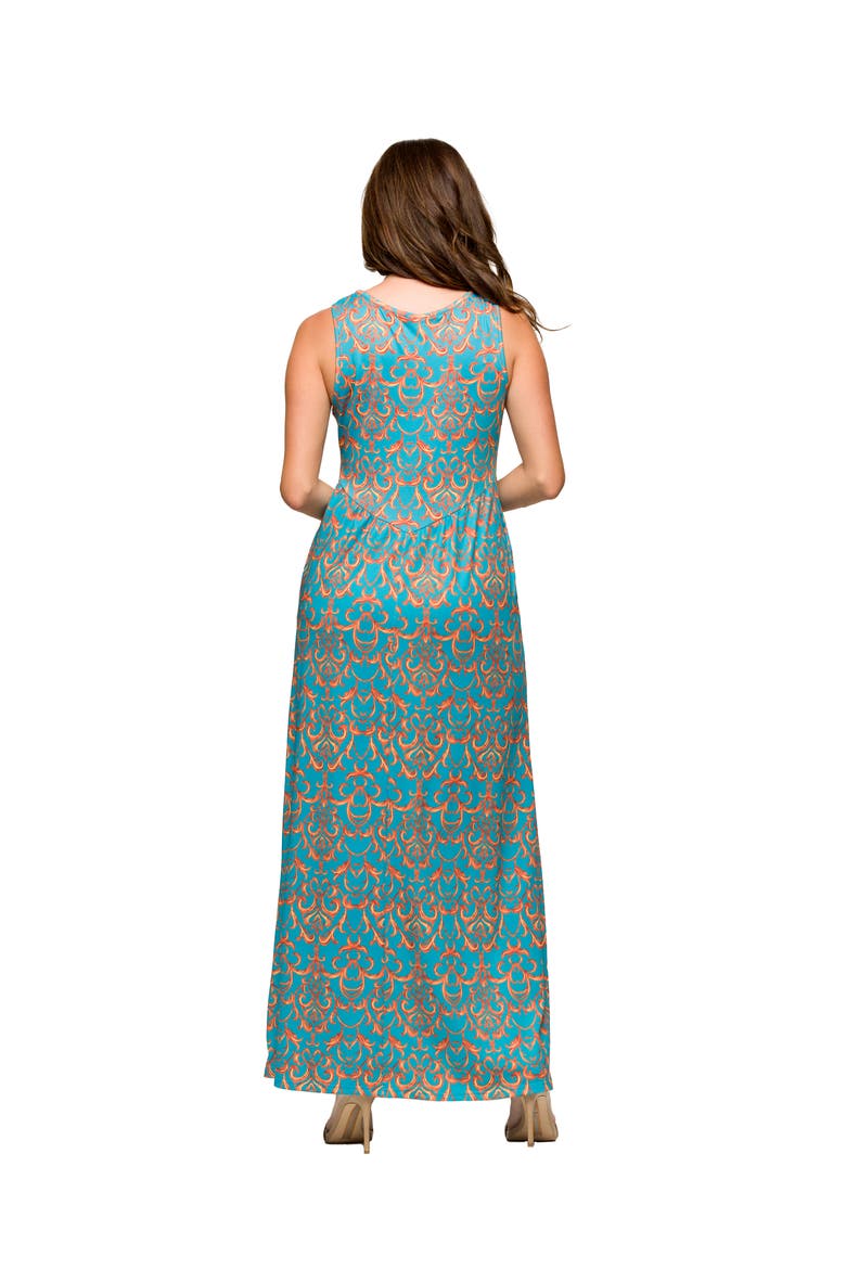 Sky Blue Sleeveless V-Neck Maxi Dress With Pockets, Alternate, color, Blue Multi
