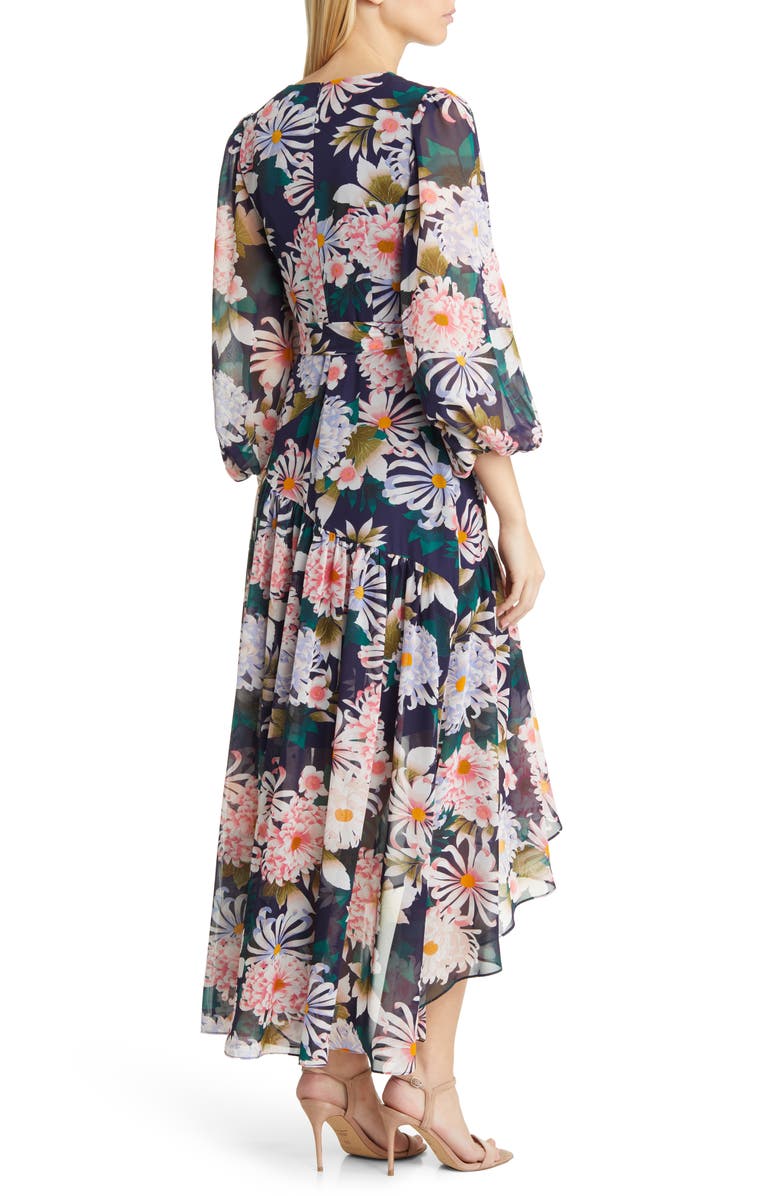 Eliza J Floral Long Sleeve High-Low Faux Wrap Dress, Alternate, color,