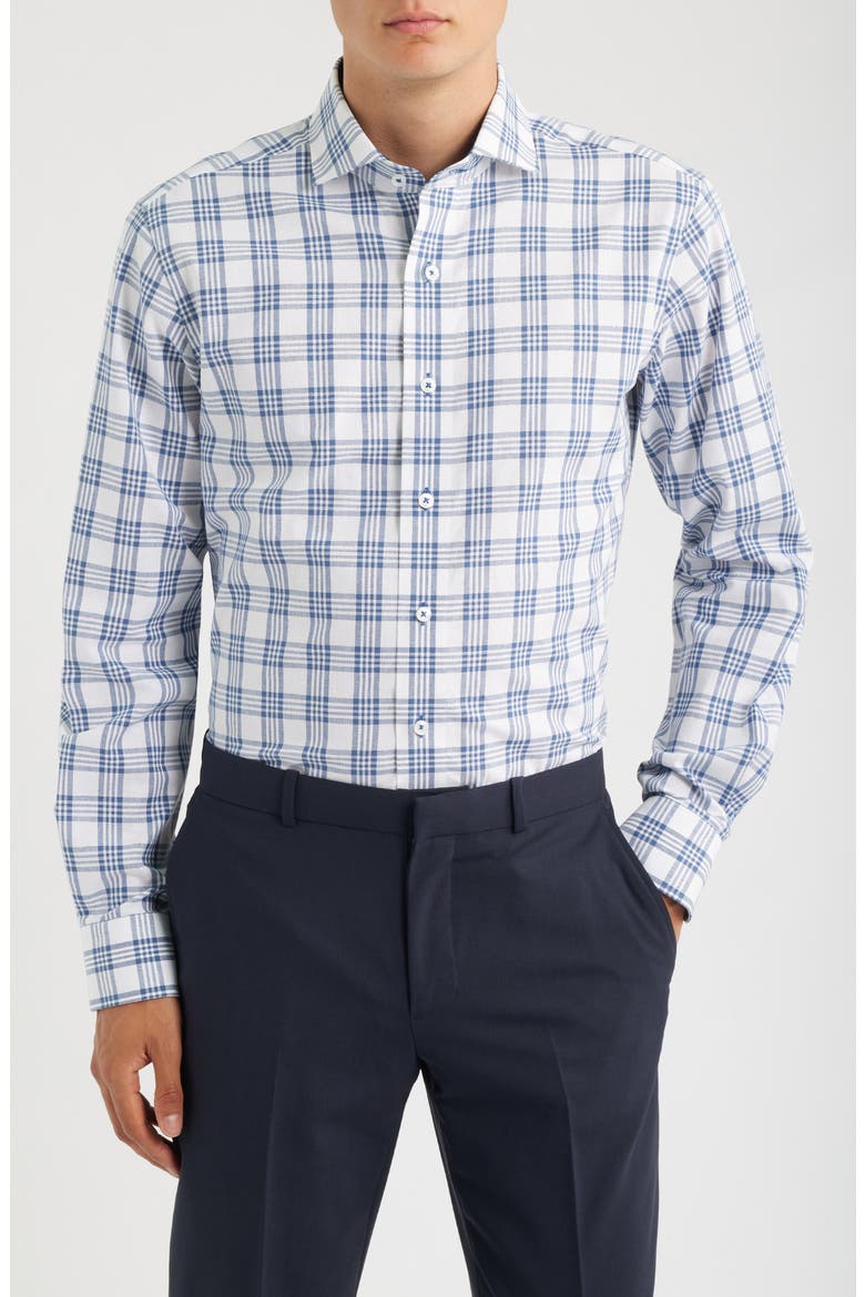 Trim Fit Plaid Cotton Dress Shirt, Main, color, NAVY/ WHITE