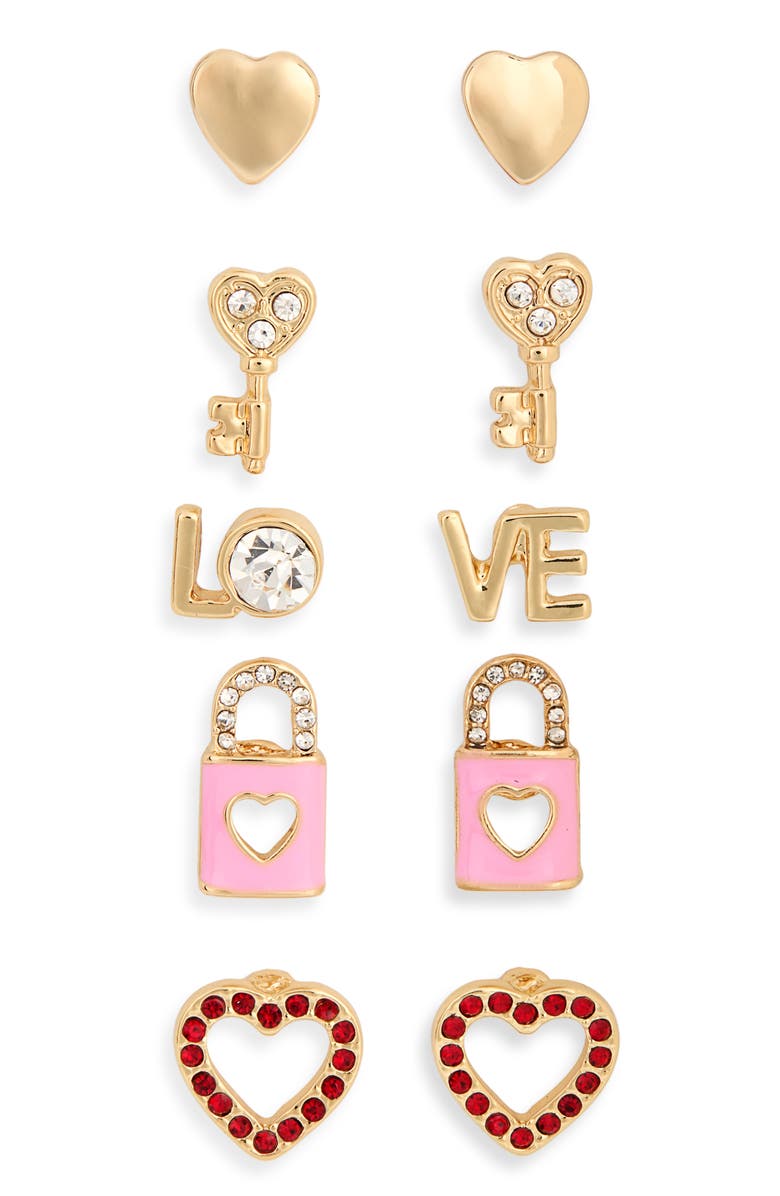 Leith Assorted 5-Pack Stud Earrings, Alternate, color, Love- Pink Multi- Gold