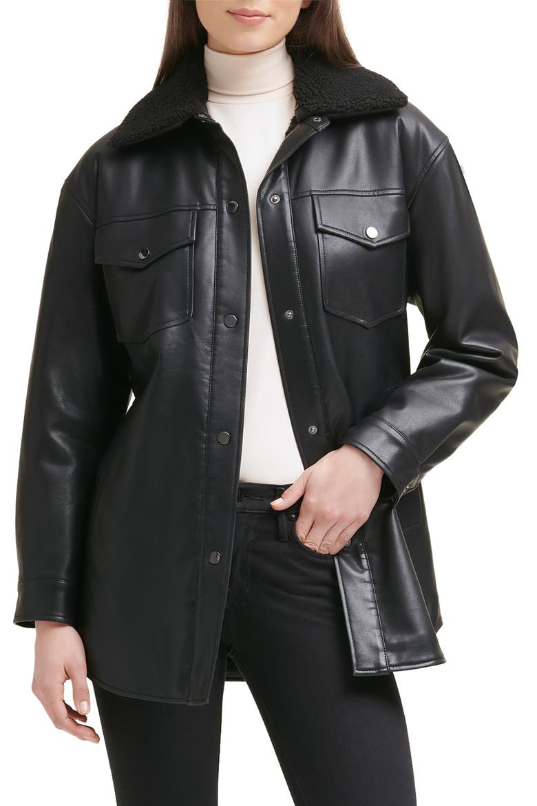 Belted Faux Leather Shirt Jacket with Faux Shearling Lining, Alternate, color, BLACK