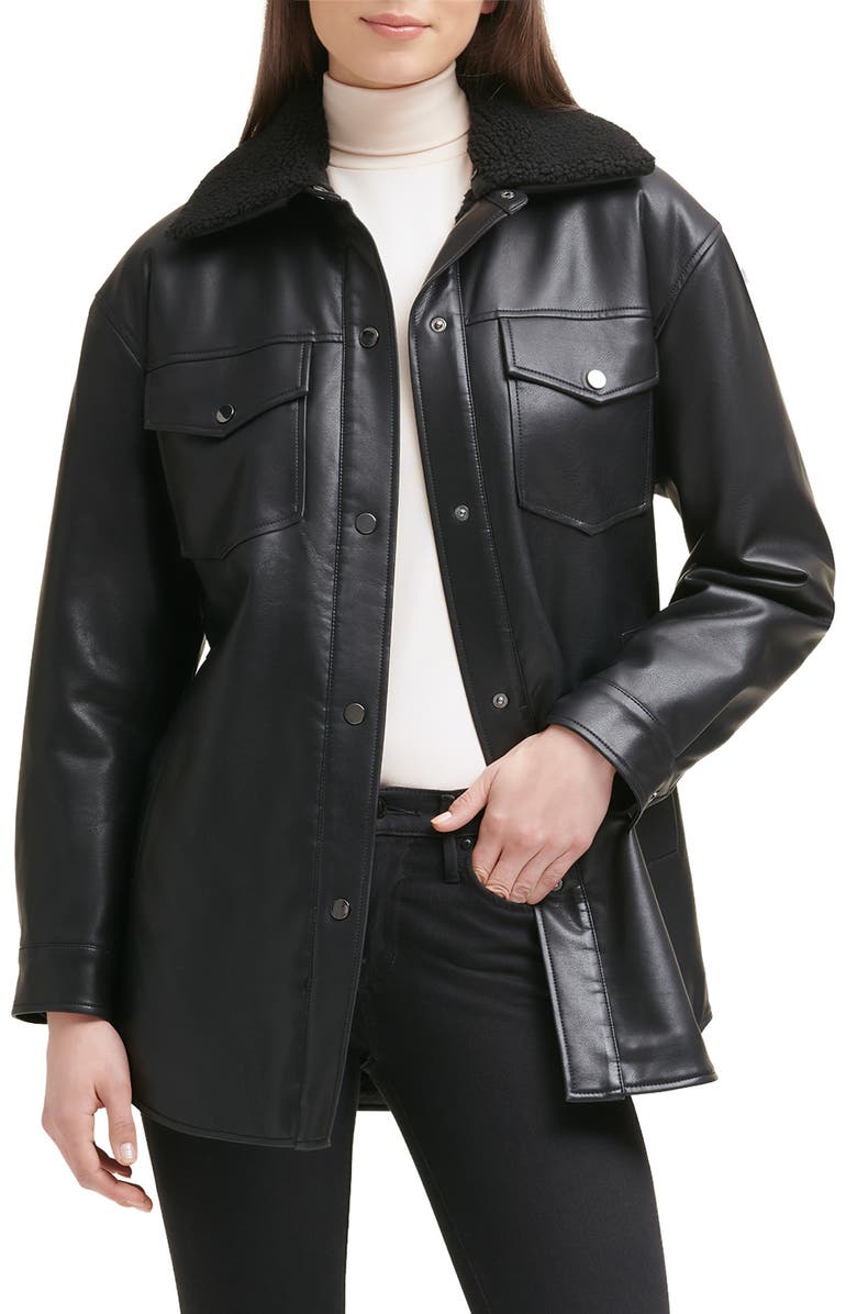Kenneth Cole New York Belted Faux Leather Shirt Jacket with Faux Shearling Lining, Alternate, color, Black