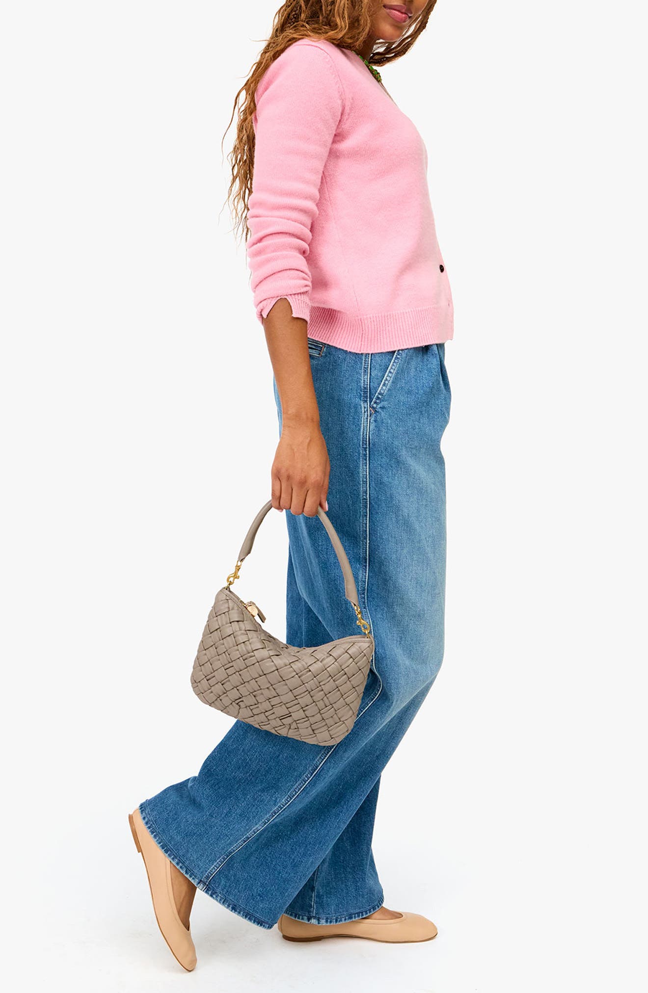 Clare V. Petit Moyen Woven Leather Messenger Bag, Alternate, color, Dove Grey