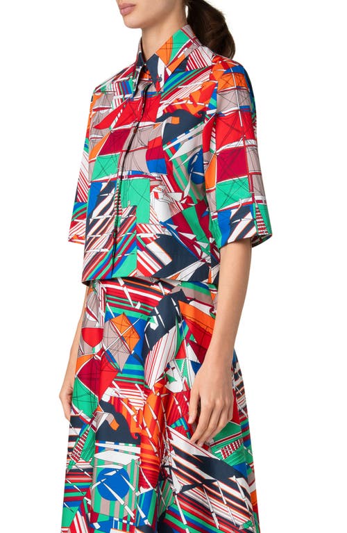 Akris Punto Sea Clipper Print Boxy Cotton Satin Blouse In Multicolor