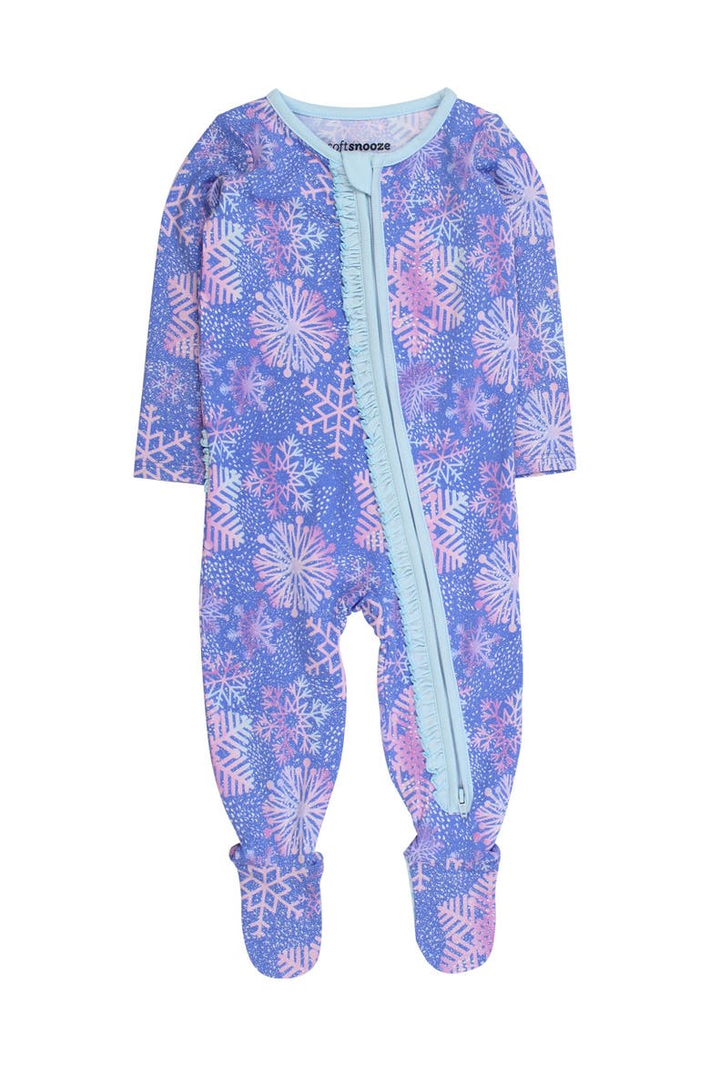 Modal Blend Ruffle One Piece Footie Pajamas, Main, color, Shimmer Snowflakes