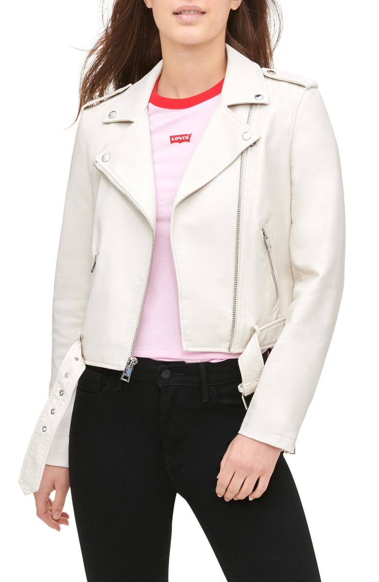 Levi's<sup>®</sup> Faux Leather Fashion Belted Moto Jacket, Main, color, Oyster