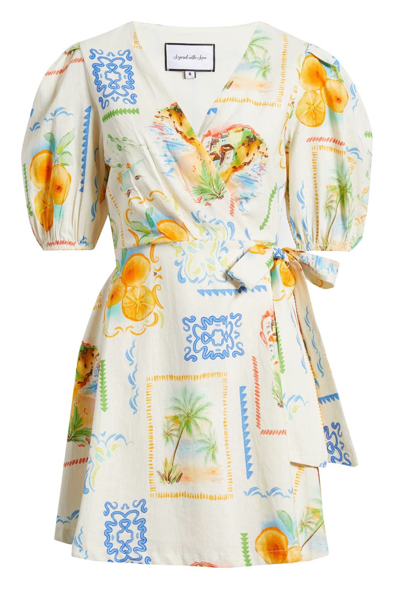 Caterina Postcard Print Linen & Cotton Wrap Minidress, Alternate, color, POSTCARD