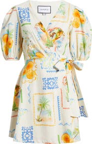 LAYERED WITH LOVE Caterina Postcard Print Linen & Cotton Wrap Minidress