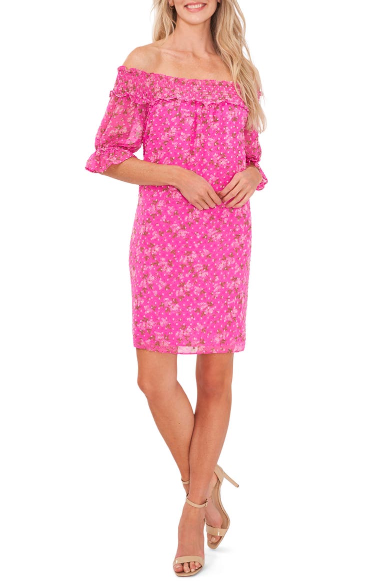 Smocked Off the Shoulder Dress, Main, color, MAGENTA GLOW