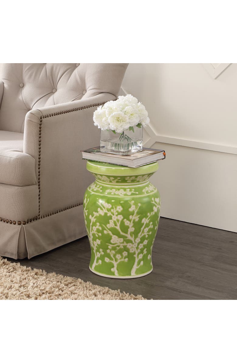 JONATHAN Y Cherry Blossom 17.75" Ceramic Garden Stool, Alternate, color, Green/White