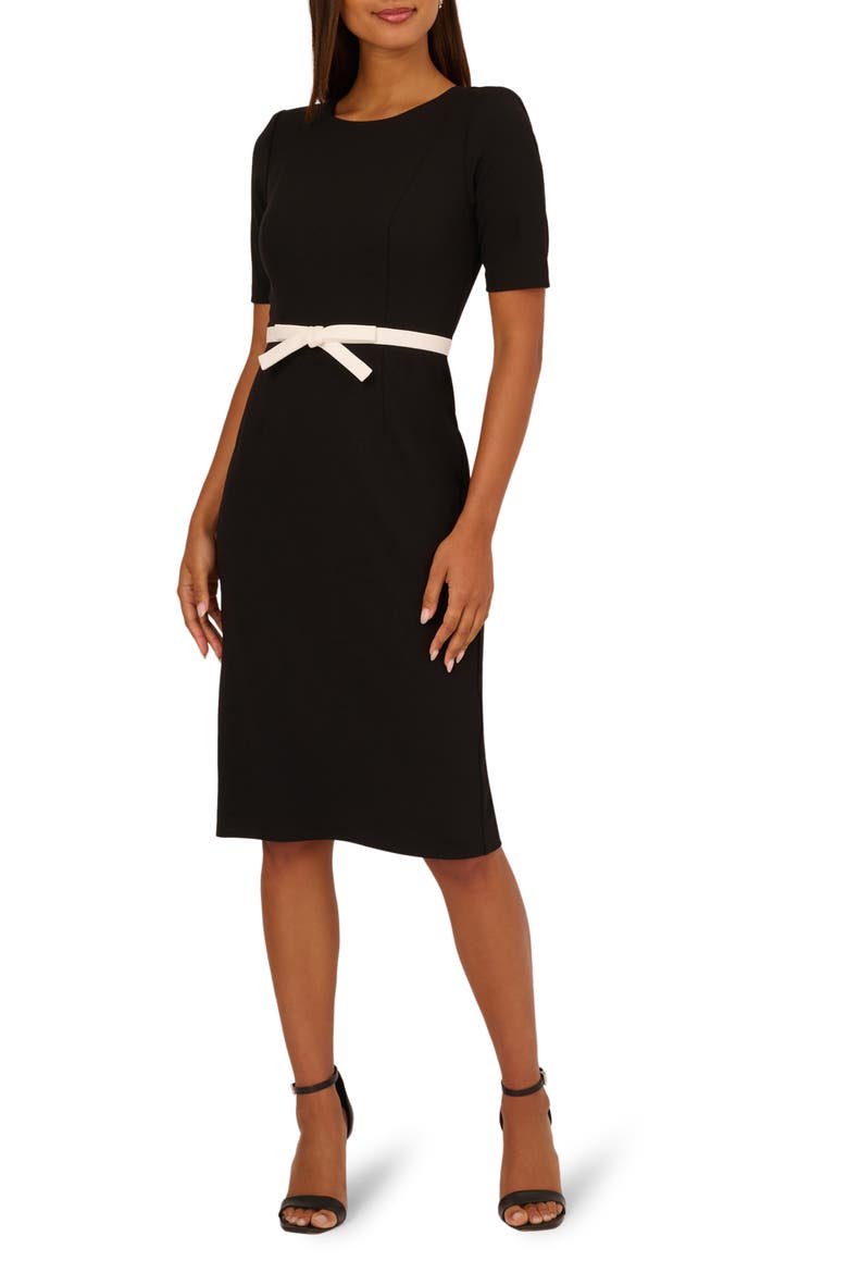 Contrast Bow Sheath Dress, Main, color, BLACK/ IVORY