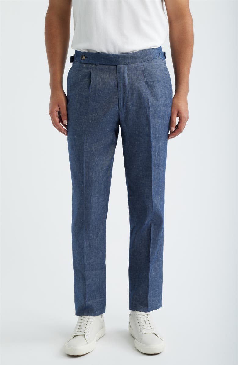 Jack Victor Parma Pleated Linen & Cotton Stretch Twill Dress Pants, Main, color, Denim