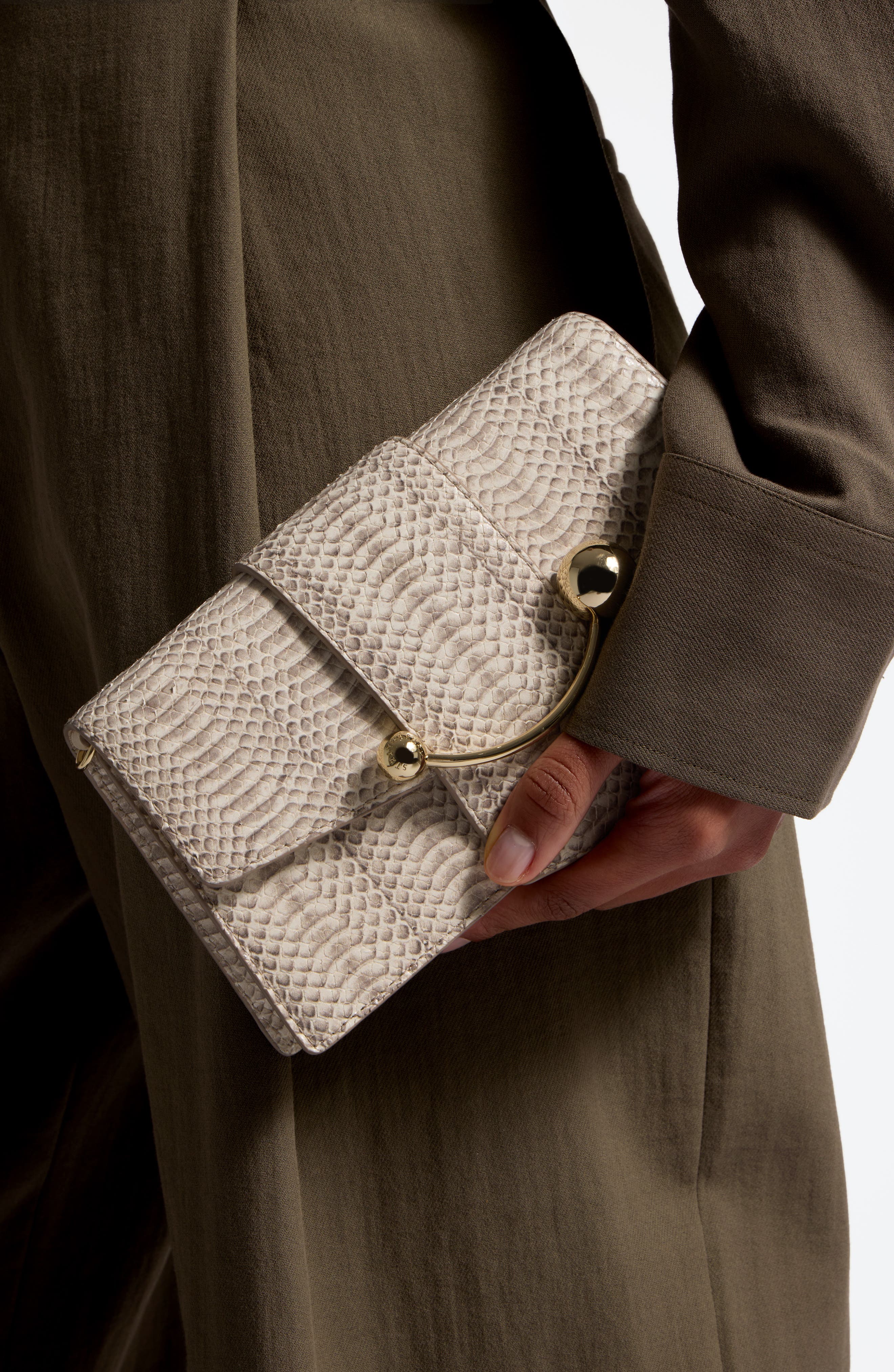 Crescent Snakeskin Embossed Leather Wallet on a Chain, Alternate, color, VANILLA