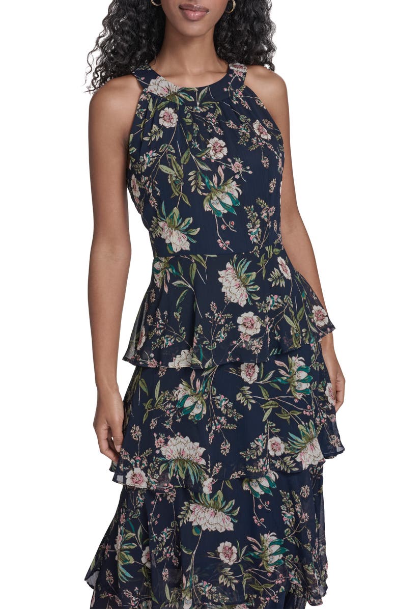 Tommy Hilfiger Floral Sleeveless Tiered Chiffon Maxi Dress, Alternate, color, Sky Captain Multi