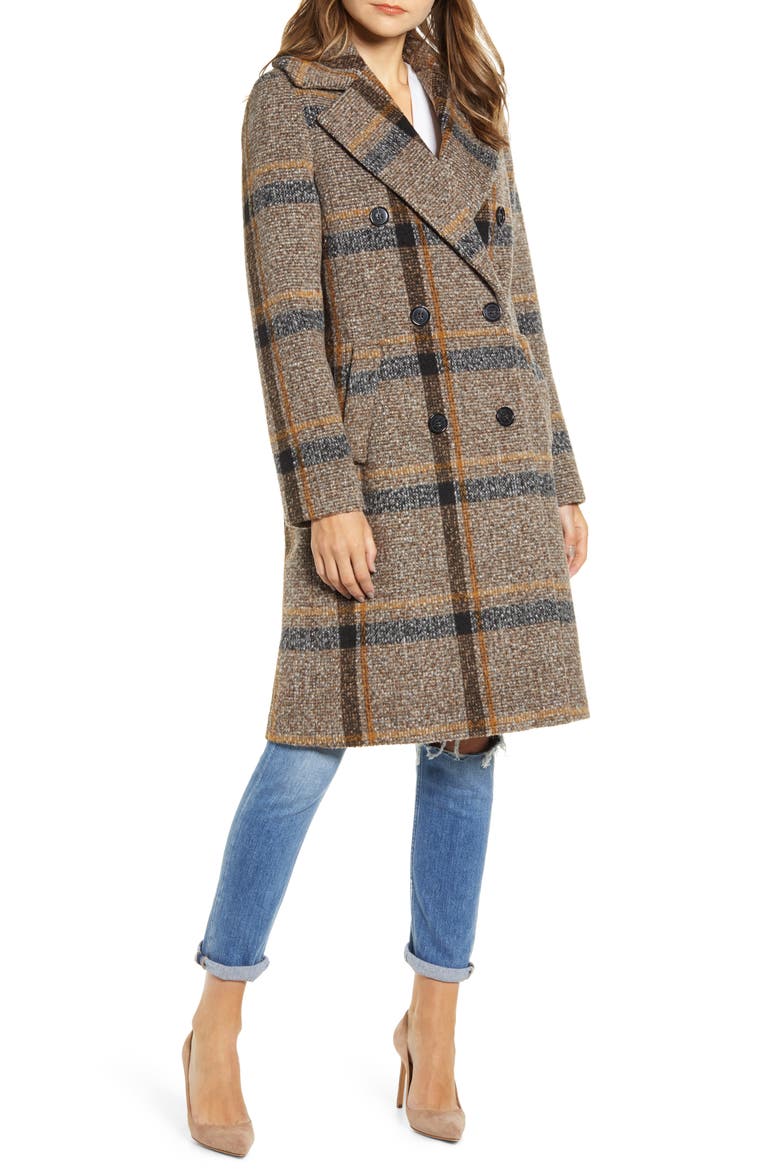 Plaid Double Breasted Coat, Alternate, color, BROWN PLAID