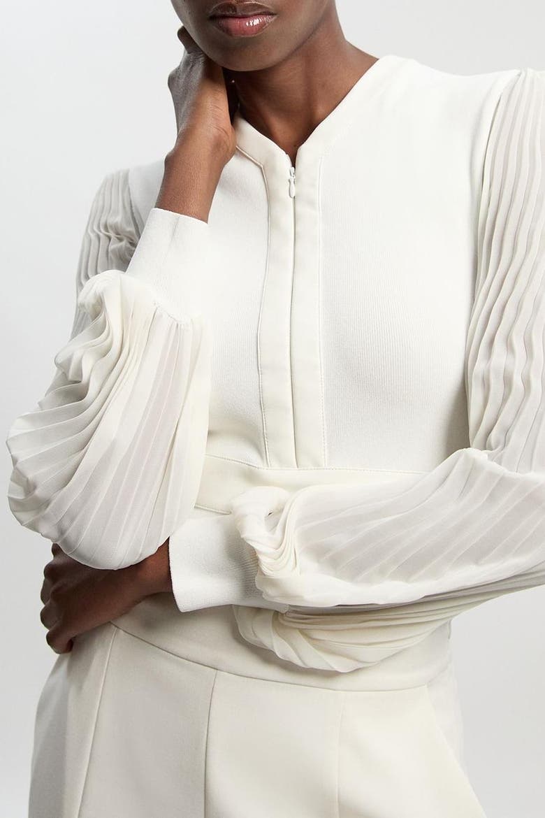 Pleated Sleeve Zip-Neck Top, Alternate, color, Ivory