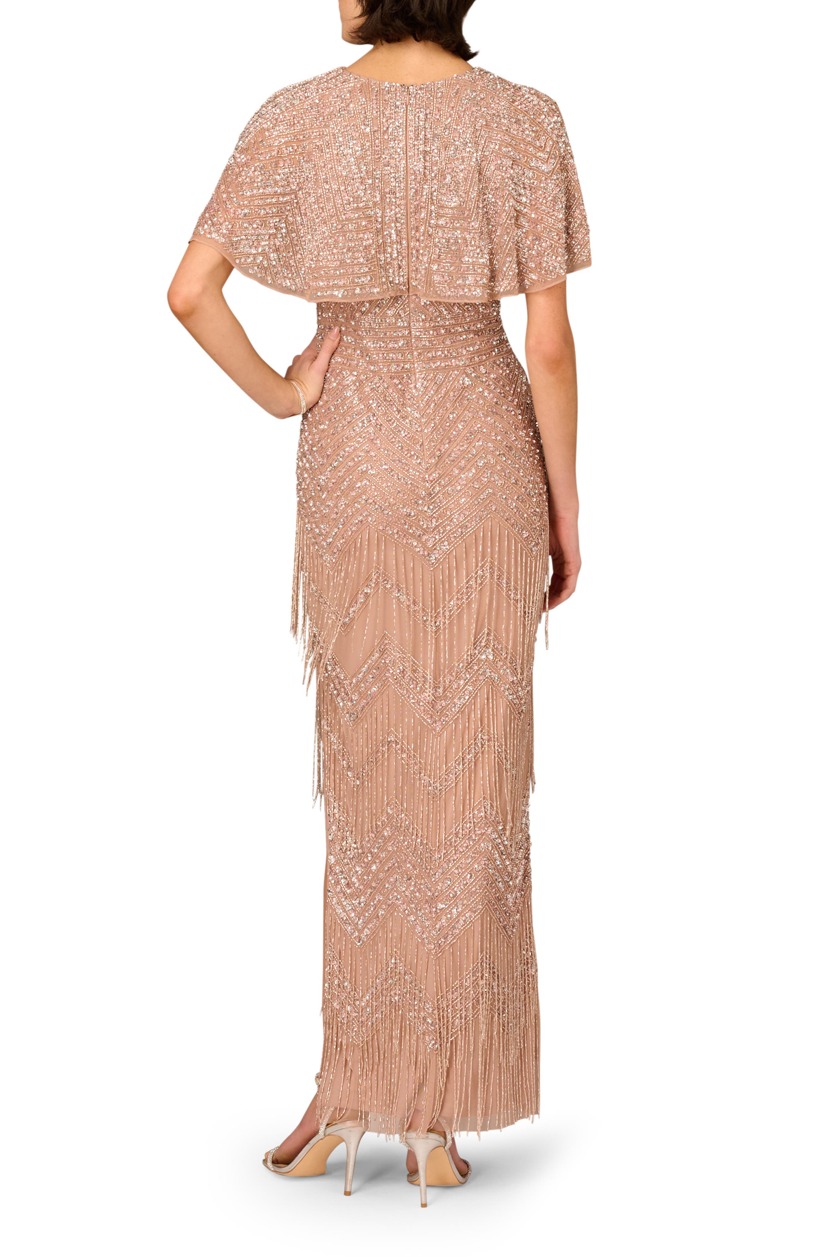 Beaded Fringe Flutter Sleeve Maxi Column Gown - image 2