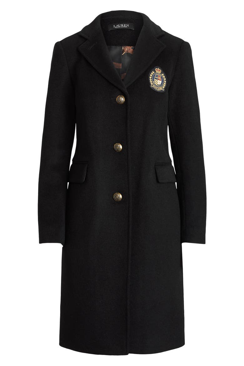 Crest Patch Wool Blend Reefer Coat, Alternate, color, BLACK