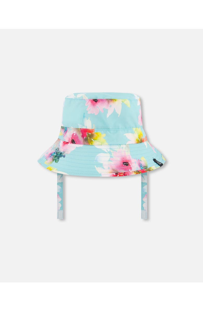 Deux par Deux Little Girl's Printed Beach Sun Hat Turquoise And Pink Flowers, Main, color, 