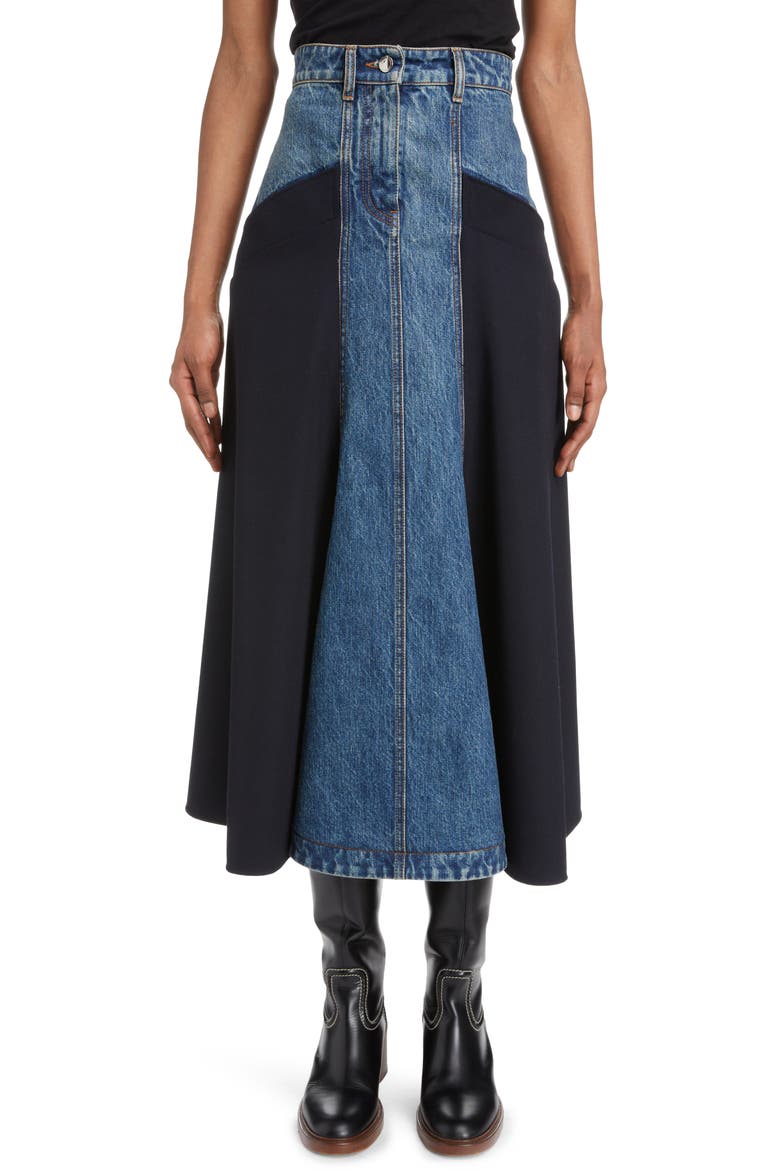 Mixed Media Denim & Virgin Wool Midi Skirt, Main, color, INK NAVY