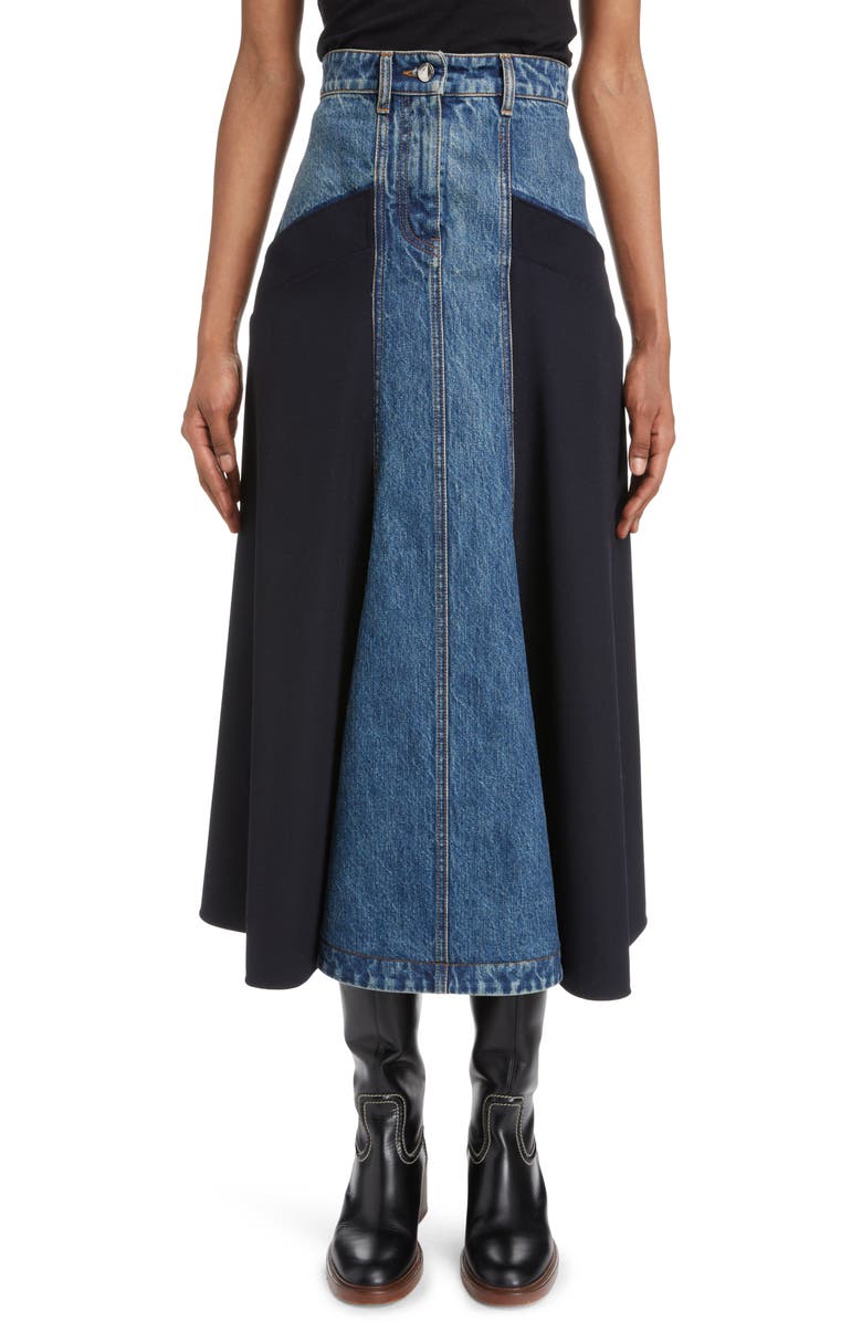 Chloé Mixed Media Denim & Virgin Wool Midi Skirt, Main, color,