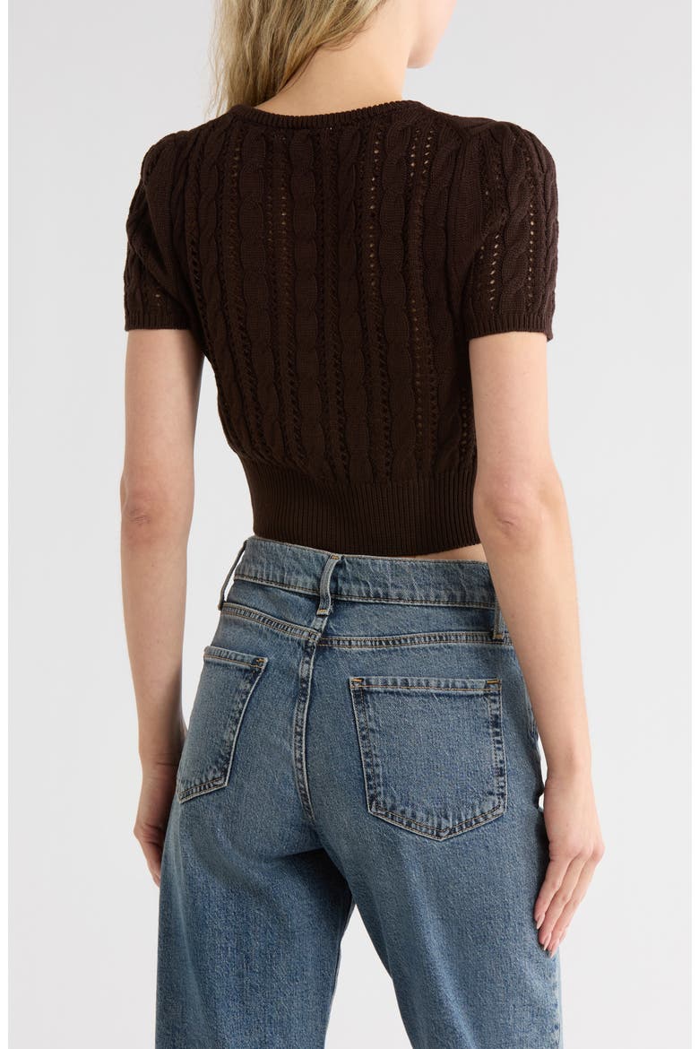 Crop Pointelle Short Sleeve Cardigan, Alternate, color, CHOCOLATE