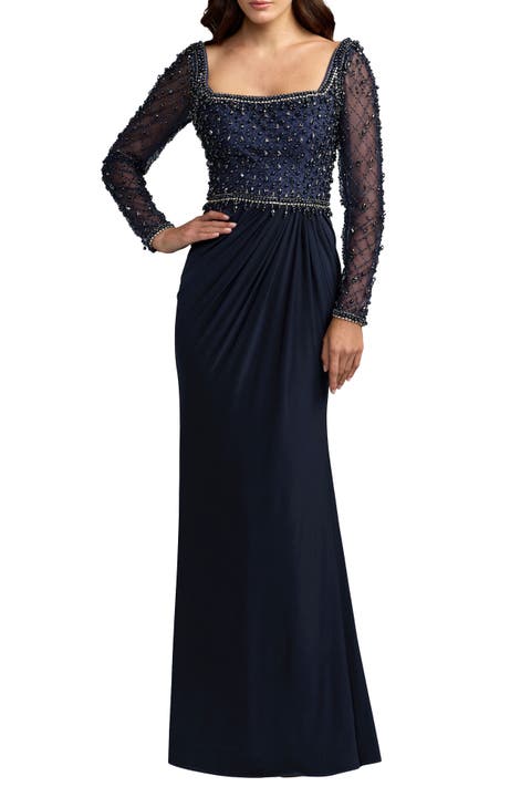 Women's Embellished Mesh Long Sleeve Gown