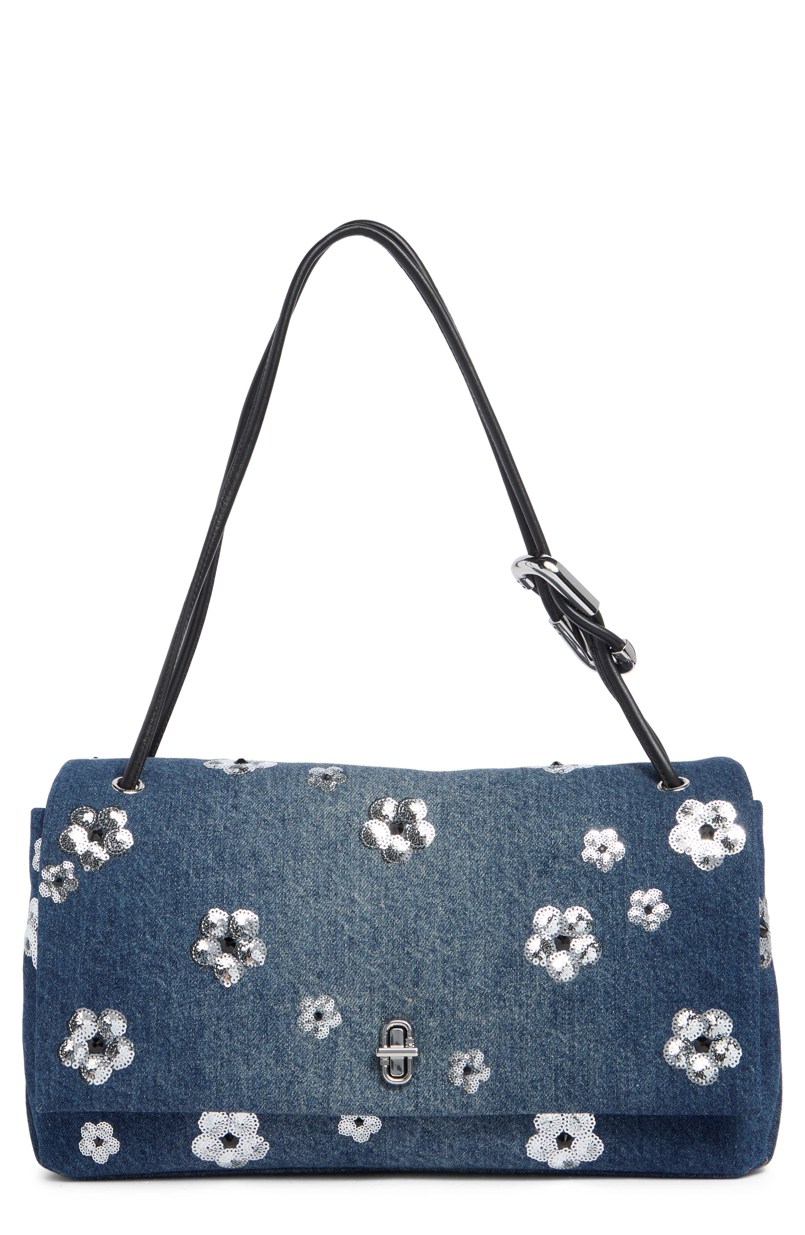 The Large Dual Sequin Flower Denim Shoulder Bag, Main, color, VINTAGE INDIGO