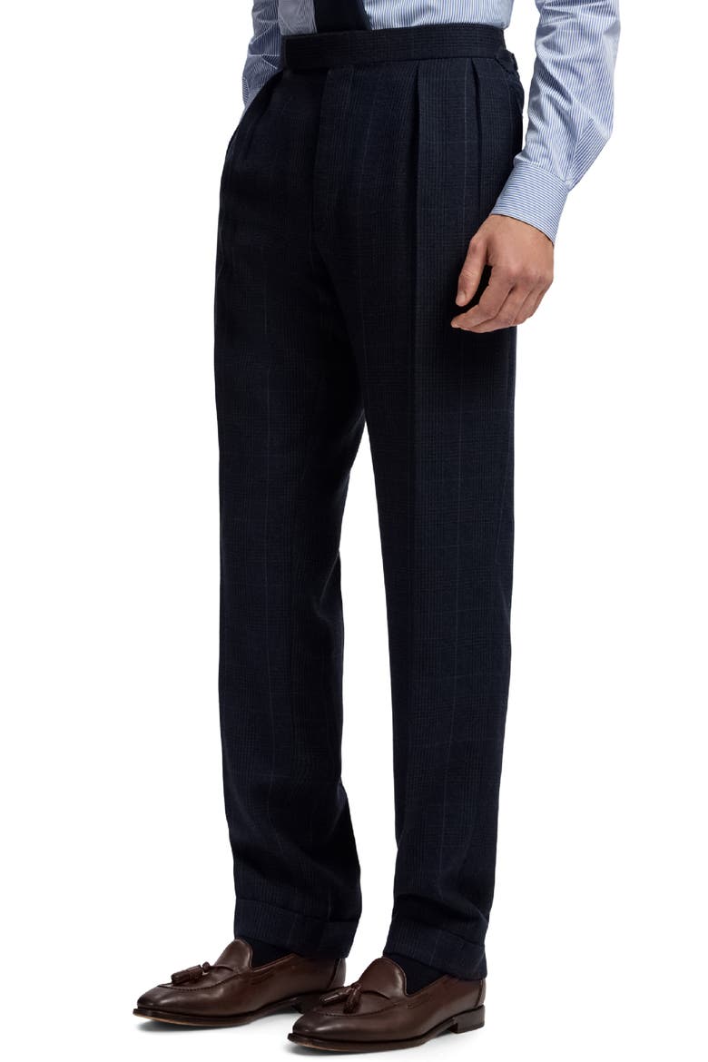 Gregory Pleated Glen Plaid Cashmere Trousers, Alternate, color, DARK NAVY MULTI