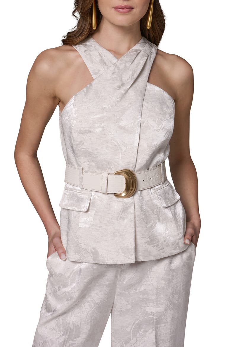 Jacquard Crossover Belted Sleeveless Top, Main, color, LIGHT FLAX