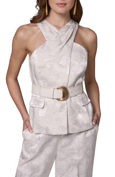 Jacquard Crossover Belted Sleeveless Top