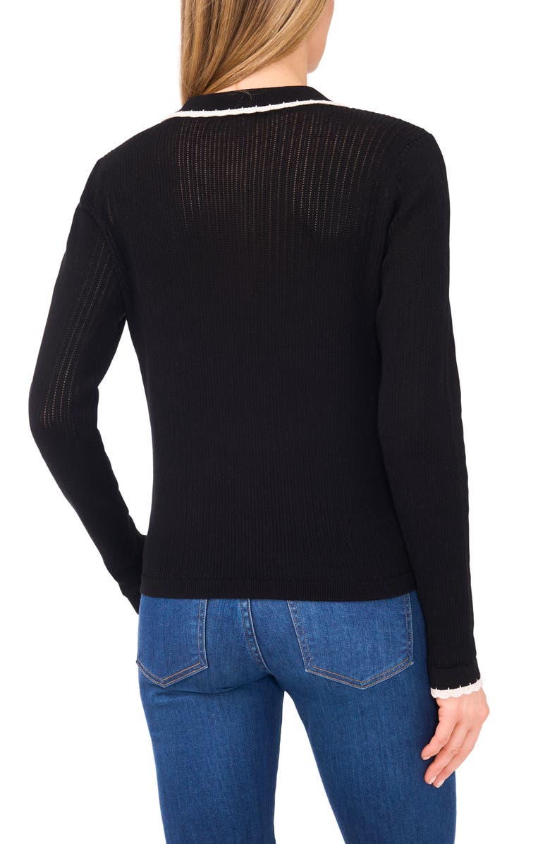 CeCe Contrast Trim Pointelle Cotton Polo Sweater, Alternate, color, Rich Black