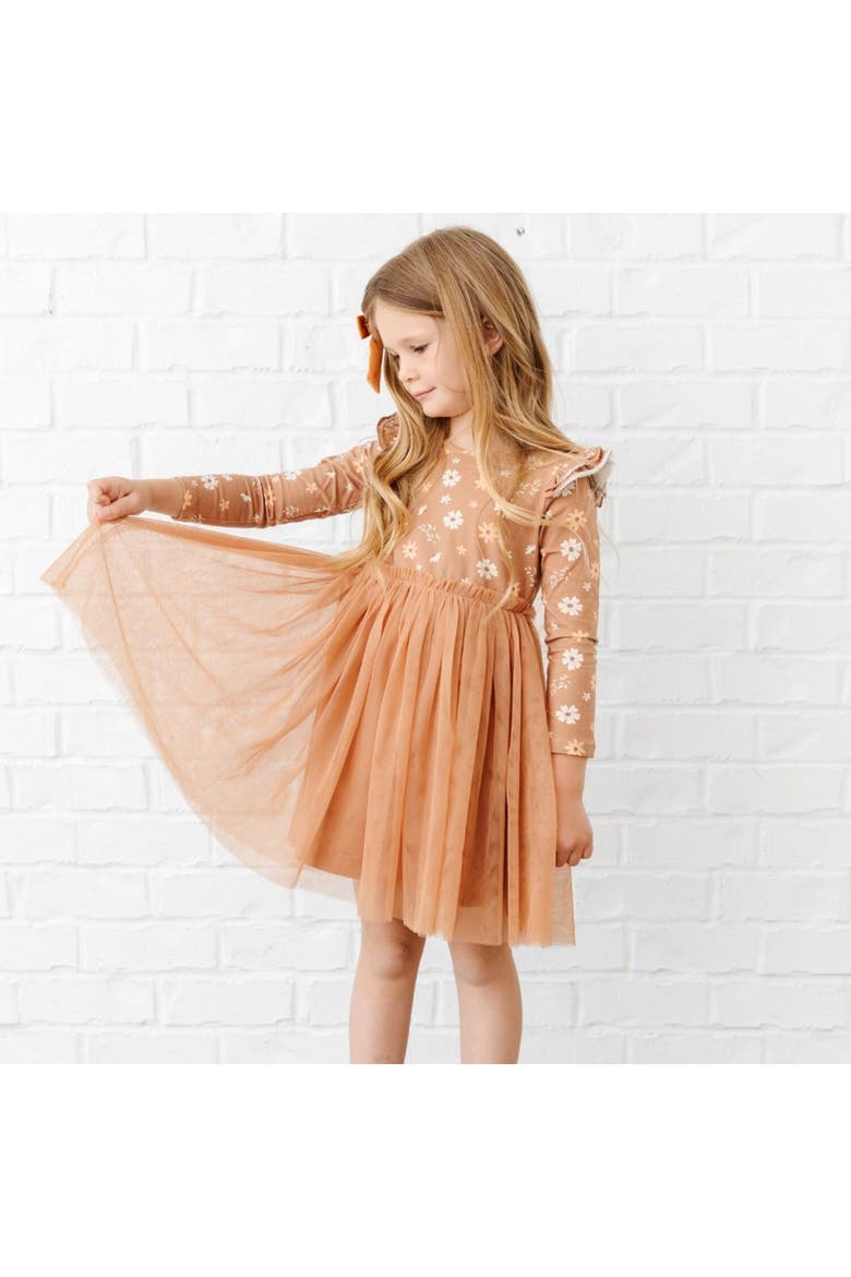 Ditsy Fall Floral Long Sleeve Tutu Dress, Alternate, color, Brown