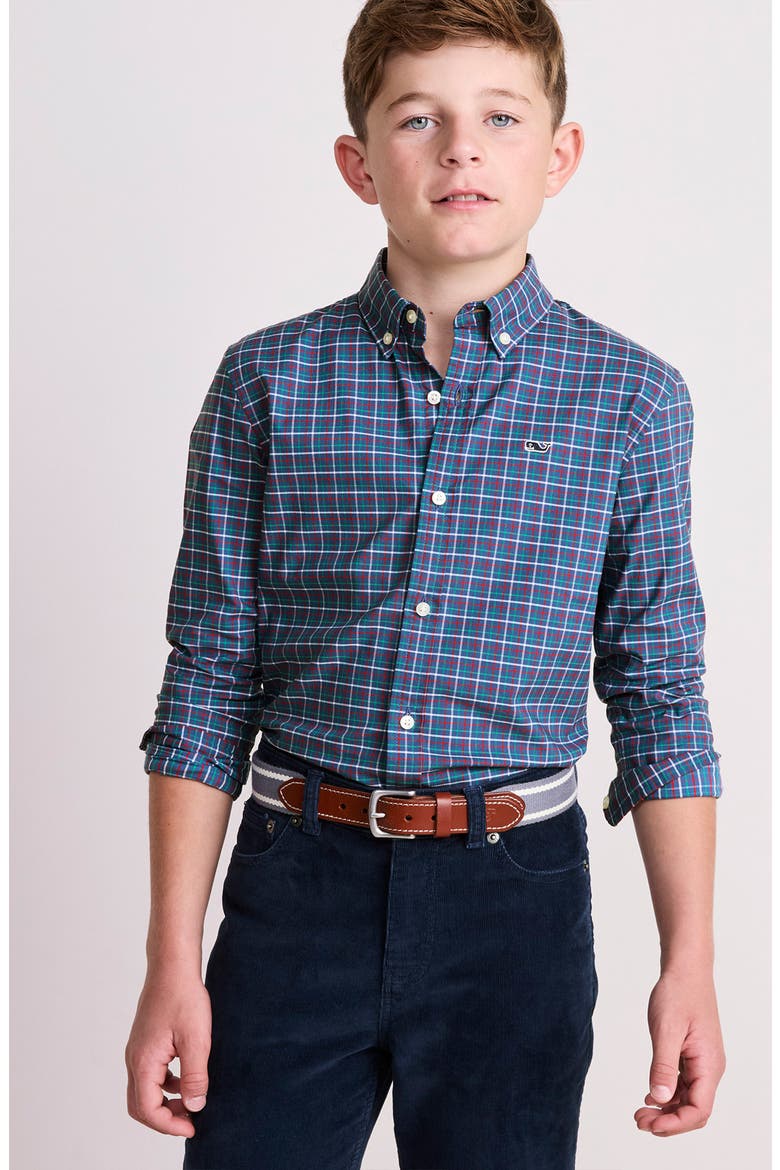 Kids' Wauwinet Tattersall Check Performance Cotton Blend Button-Down Shirt, Alternate, color, MOONSHINE