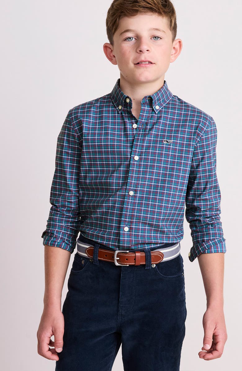 vineyard vines Kids' Wauwinet Tattersall Check Performance Cotton Blend Button-Down Shirt, Alternate, color, Moonshine