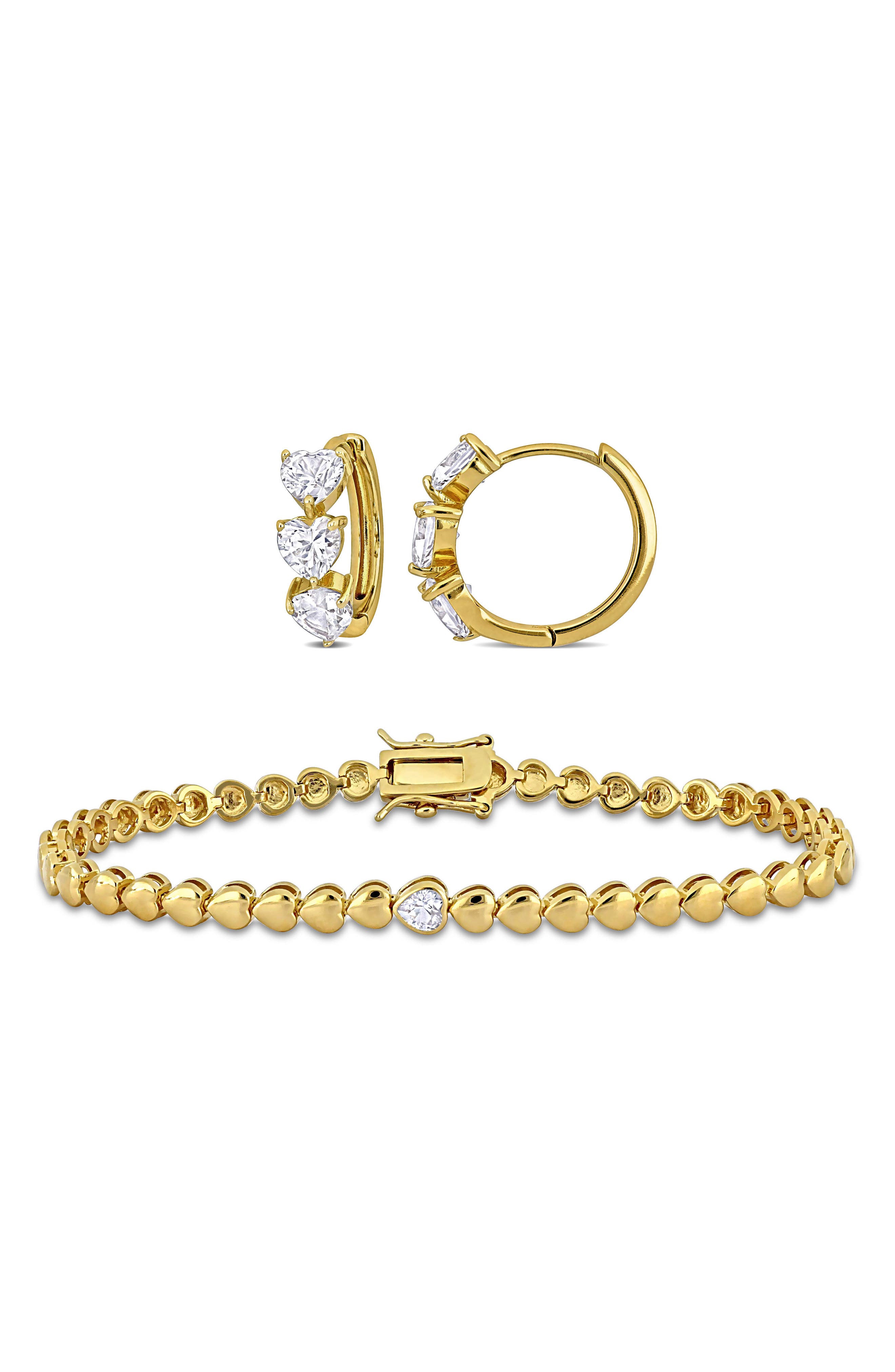 DELMAR Lab Created White Sapphire Heart Bracelet & Huggie Hoop Earrings Set