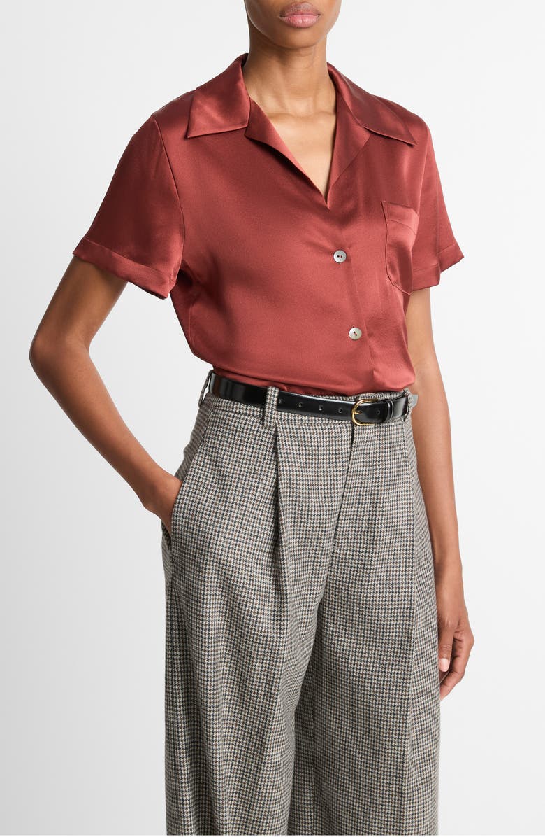 Vince Short Sleeve Silk Button-Up Shirt, Alternate, color, Siena
