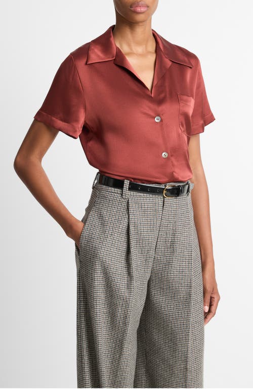 Vince Short Sleeve Silk Button-up Shirt In Burgundy