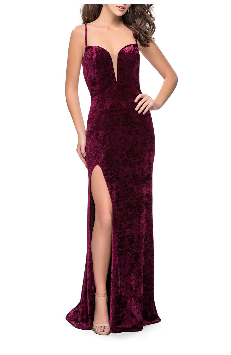 La Femme Crushed Velvet Form Fitting Gown with Leg Slit and Open Back, Main, color, Wine