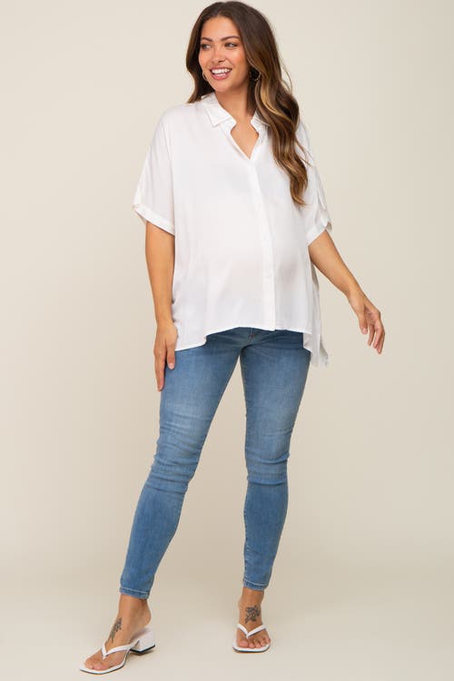 Pinkblush Button Up Dolman Short Sleeve Top In White