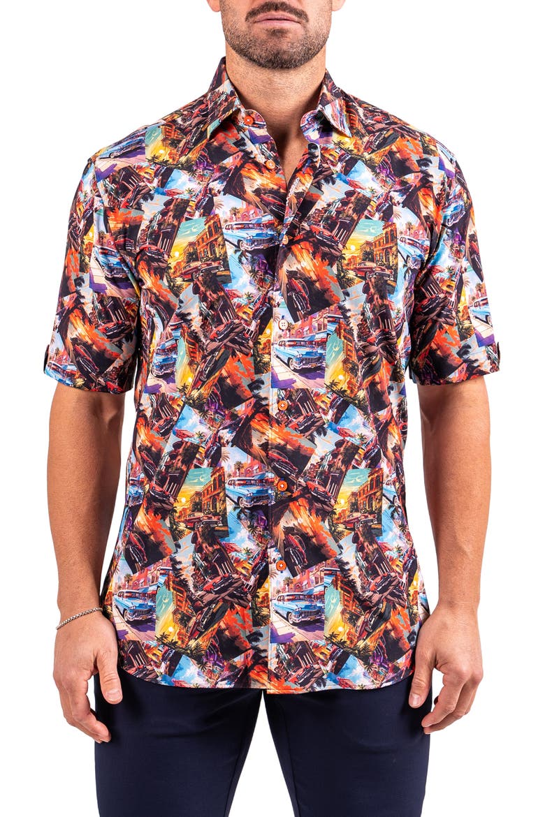 Galileo Resistance0345 Black Vintage Car Print Short Sleeve Cotton Button-Up Shirt, Main, color, BLACK