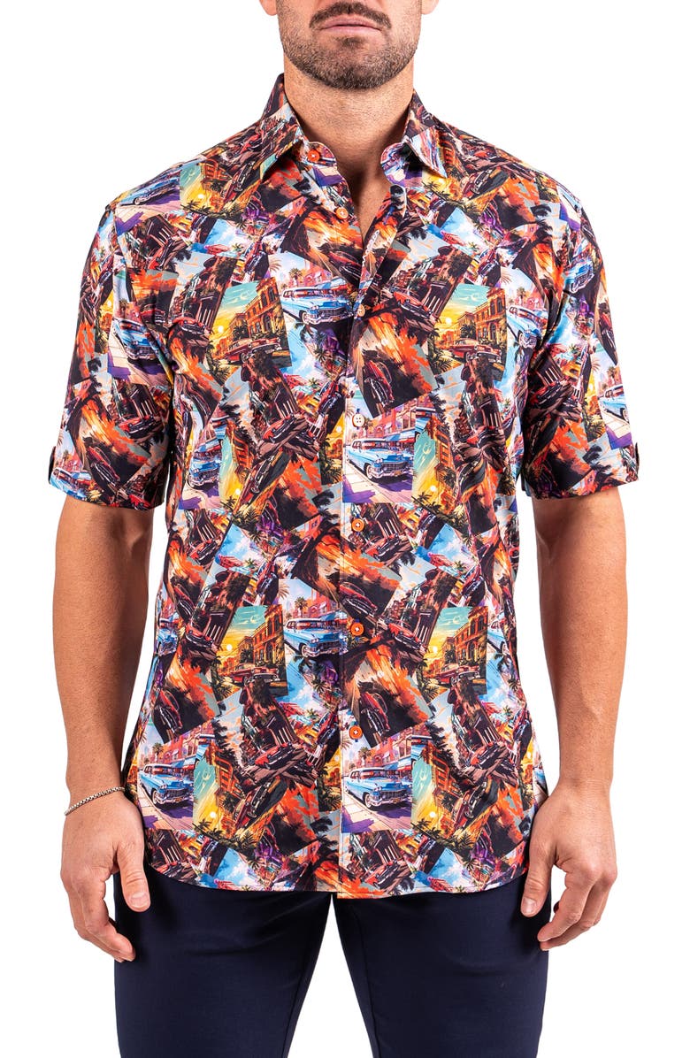 Maceoo Galileo Resistance0345 Black Vintage Car Print Short Sleeve Cotton Button-Up Shirt, Main, color, Black