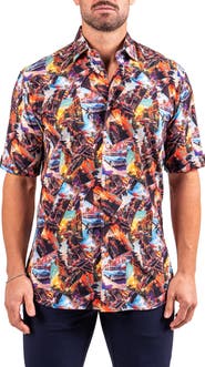 Maceoo Galileo Resistance0345 Black Vintage Car Print Short Sleeve Cotton Button-Up Shirt