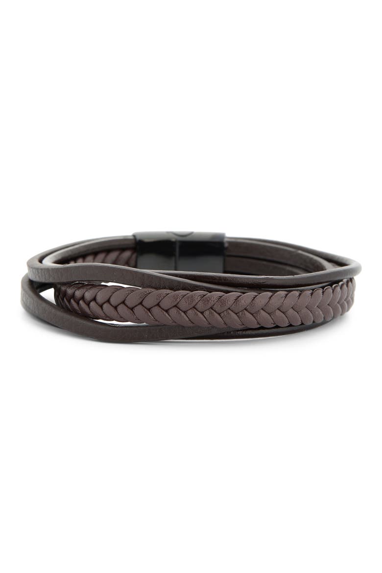 Men's Faux Leather Bracelet, Alternate, color, BLACK