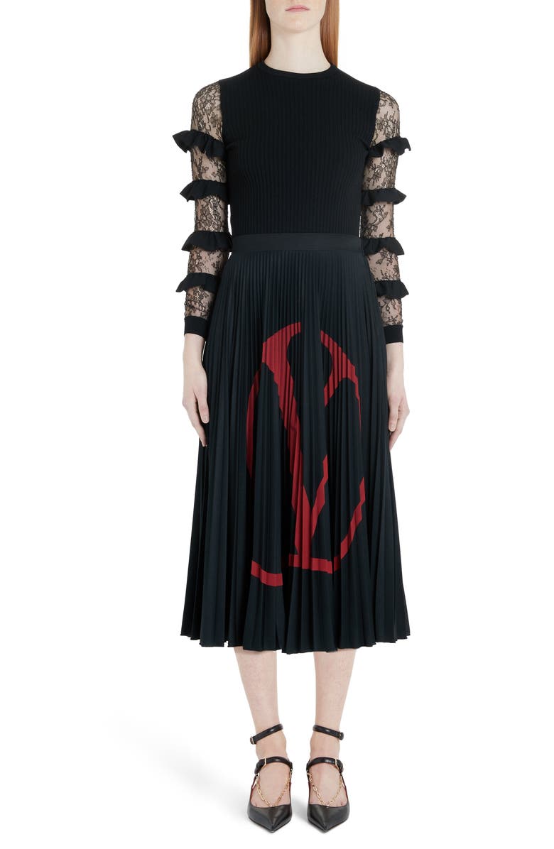 Valentino VLOGO Pleated Jersey Midi Skirt, Alternate, color,