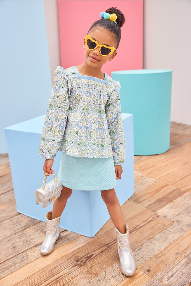 Kids' Quilted Mini Skirt, Alternate, color, Aqua Quilted Trellis