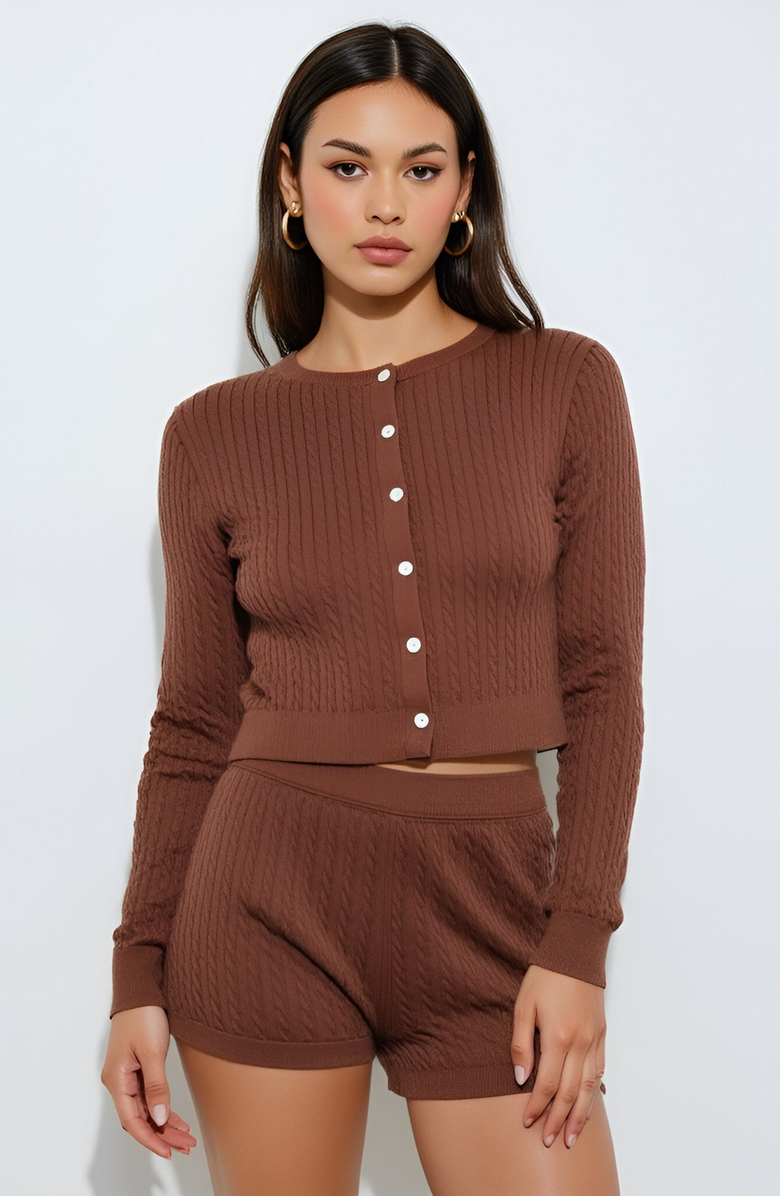 Modenaire Cropped Cable Knit Cardigan with Crew Neckline, Main, color, 