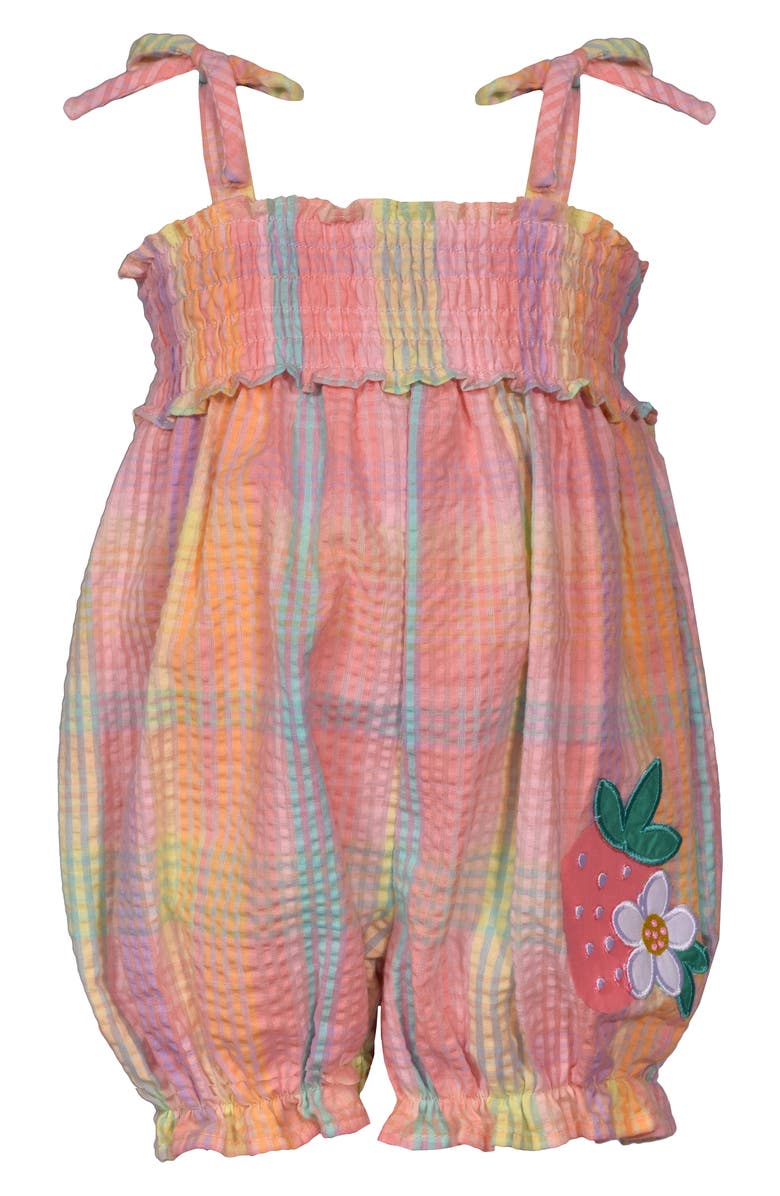 GERSON & GERSON Strawberry Appliqué Plaid Cotton Romper, Main, color, 