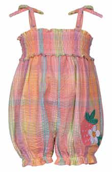 GERSON & GERSON Strawberry Appliqué Plaid Cotton Romper